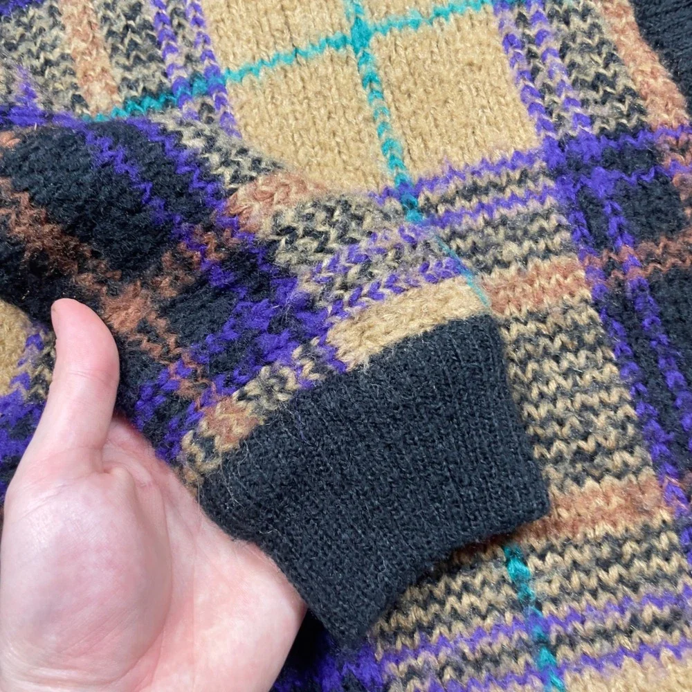 VTG 80s 90s Uno & Una Plaid Chunky Knit Cardigan‎ Sweater Purple Black Medium